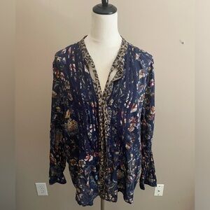 Anthropologie Pilcro Ladder Lace Floral Tunic Blouse Blue Motif Size L